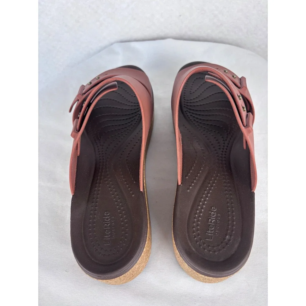 Crocs Literide Buckle Slide Sandals Wedge Platform Cork Brown Women's 9 Comfort